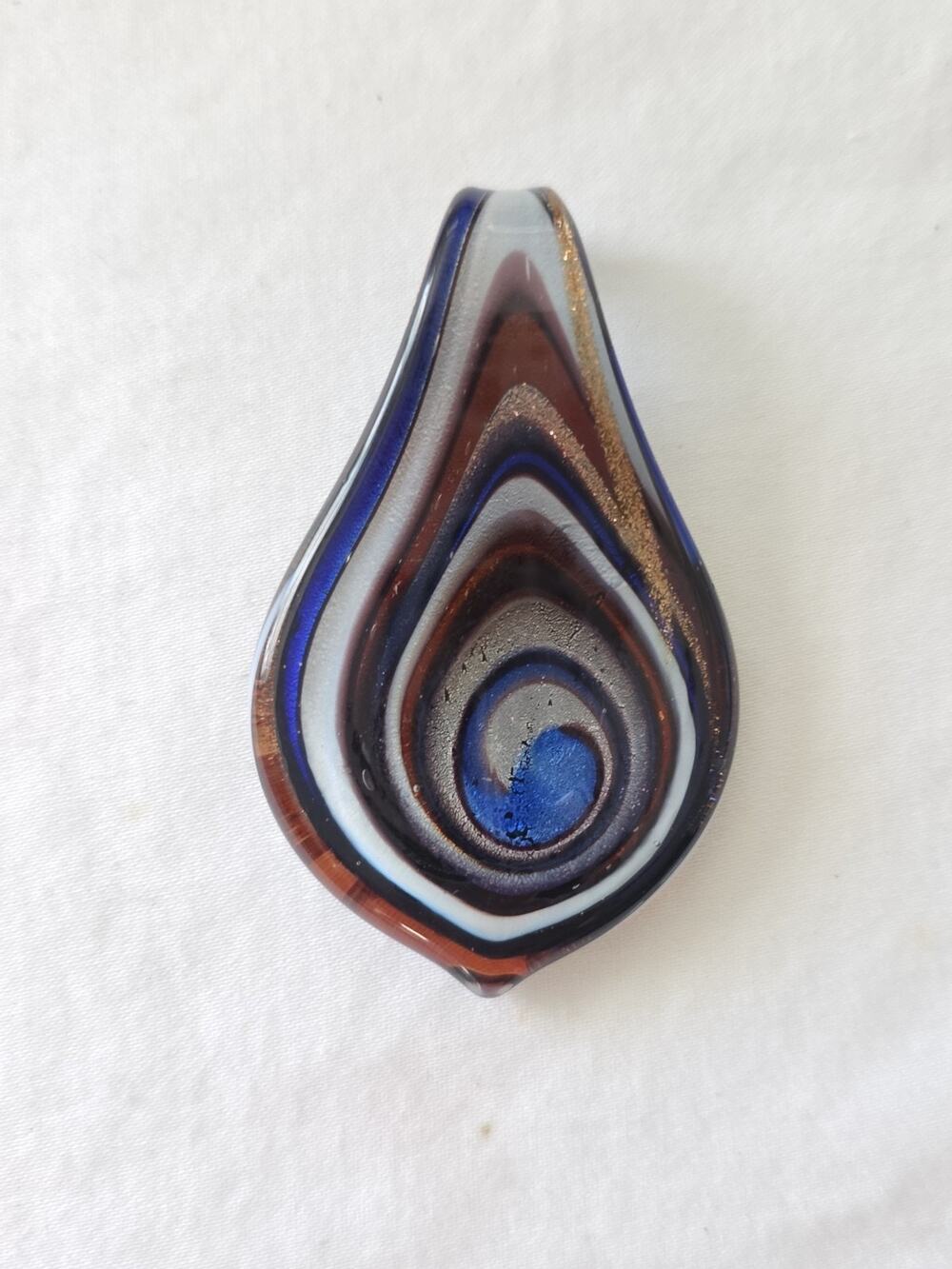 Teardrop Shape Large Murano Style Art Glass Pendant Black Blue Copper Gold Tones
